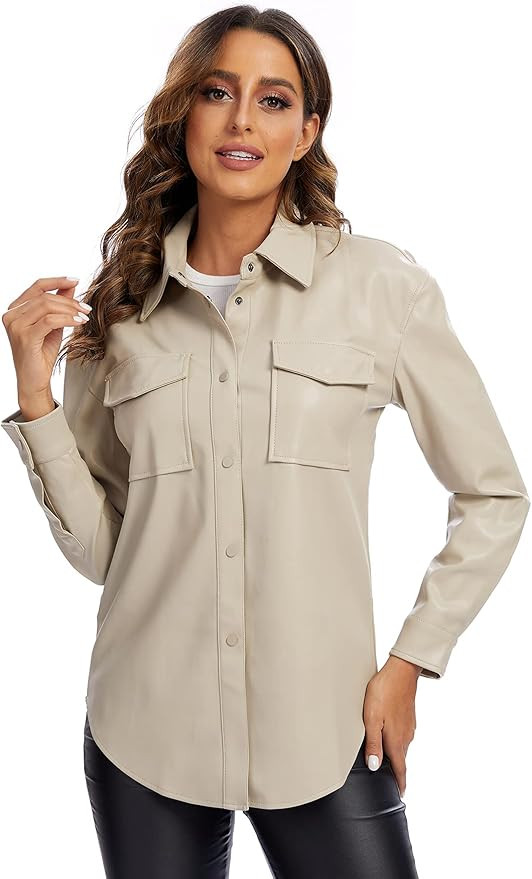 Women Faux Leather Jacket Soft Snap Button Down Shirt Shacket with Pocket, Regular and Plus Size | Amazon (US)