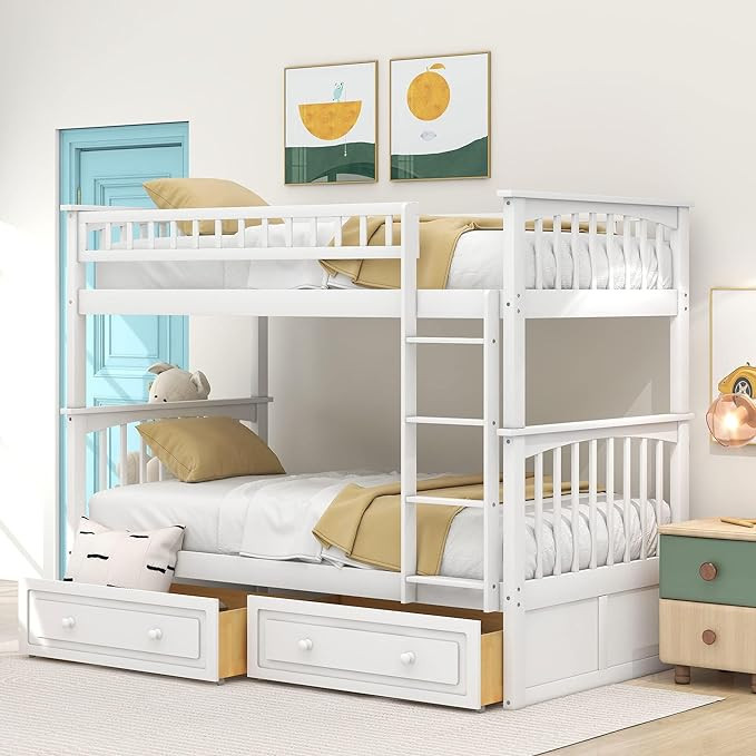 Harper & Bright Convertible Wood Twin-Over-Twin Bunk Bed with Storage Drawers and Ladder - Can Be... | Amazon (US)