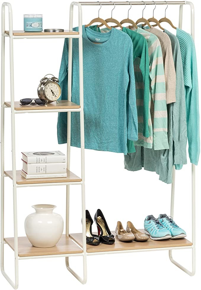 IRIS Metal Garment Rack with Wood Shelves, White and Light Brown | Amazon (US)