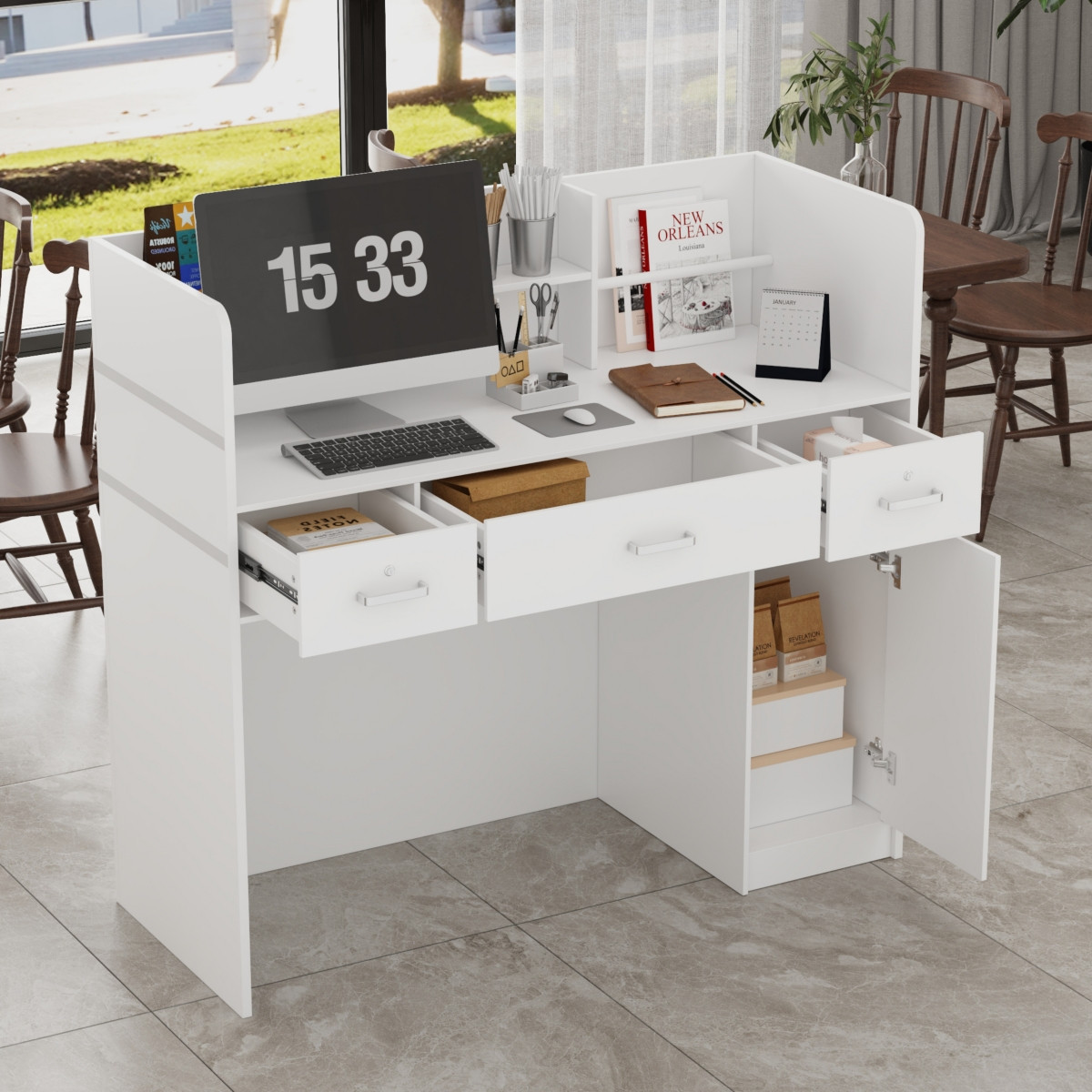 Computer Desk with Drawers, White Office Desk with Storage Cabinet, Study Writing Table for Home Office, Bedroom - White | Macy's