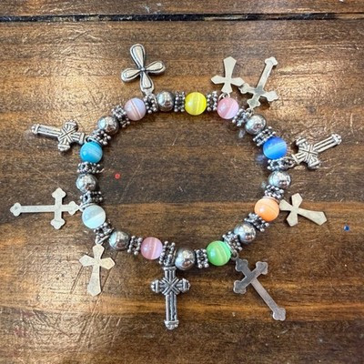 Multi Color Cat Eye Bead Cross Charm Stretch Bracelet Silver Tone | eBay US