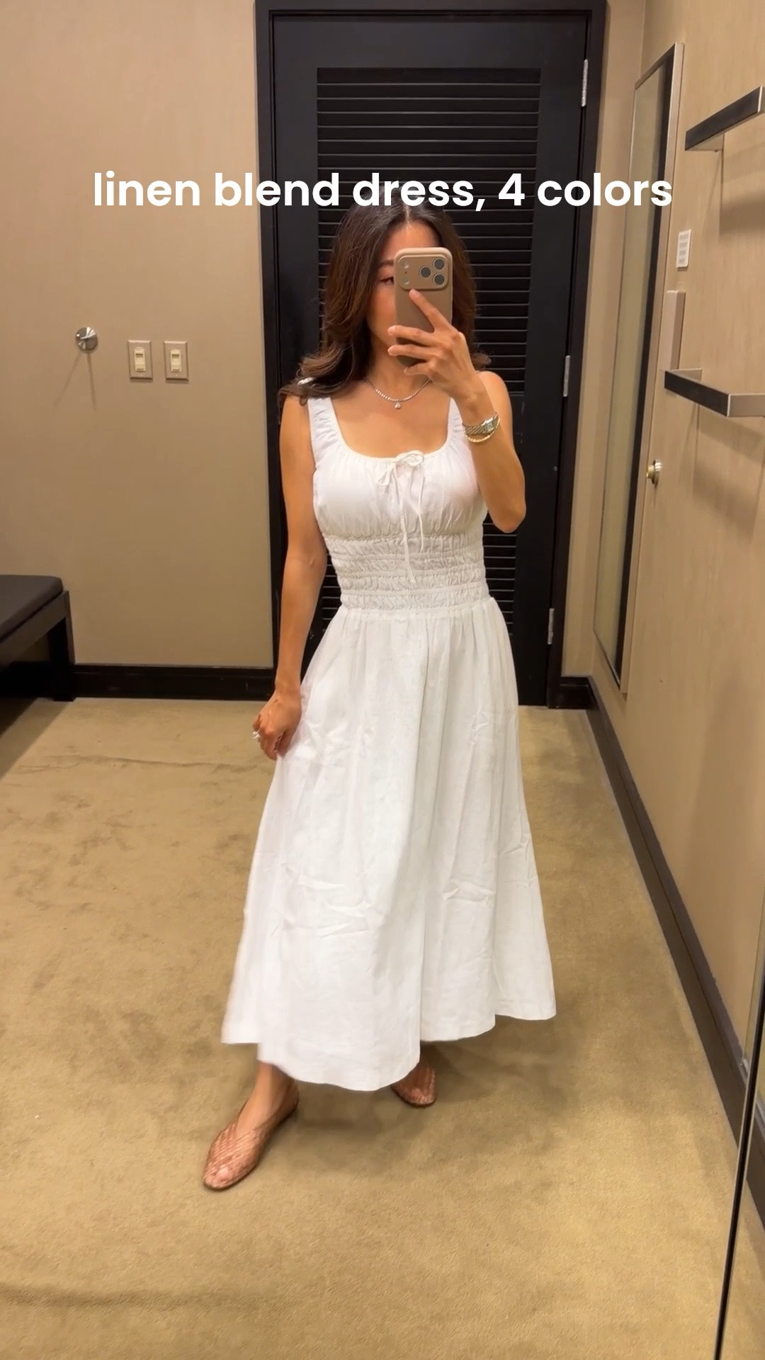 • Trying on XXS in this dress. Almost snug under my underarms. Has full stretch around midsection,
Covers my regular bra  
• sz 5 jelly flats , size down if between sizes 

Linen blend summer white dress