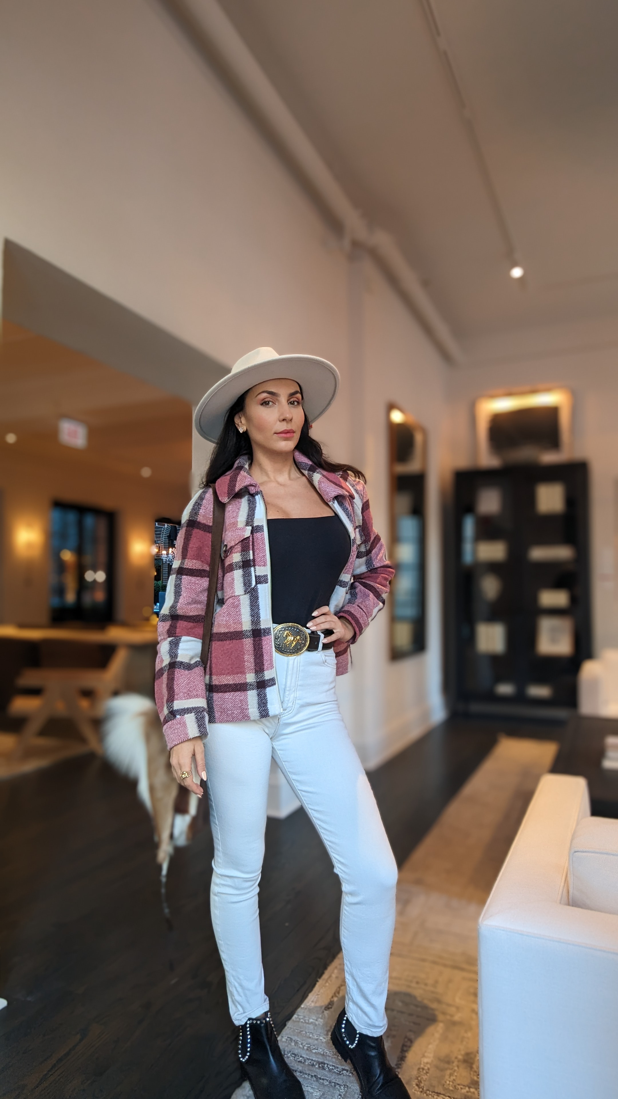 This look is a chic mix of cozy and polished! Loving the plaid shacket, white denim, and that fabulous western belt and fedora. Everything is linked! #shacketstyle #westernfashion #ootd 

 #LTKHoliday #LTKdayinmylife #LTKootd