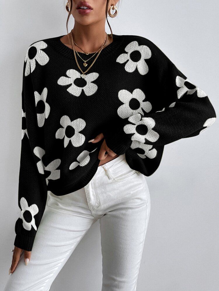 Floral Pattern Drop Shoulder Sweater | SHEIN