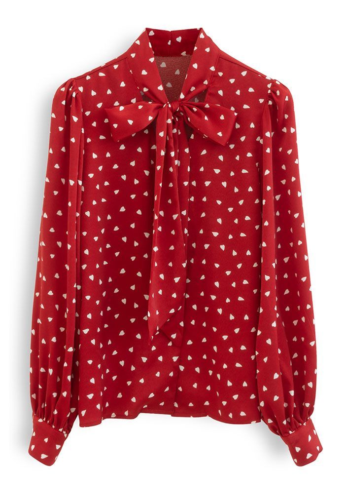 Falling Heart Self-Tie Bowknot Satin Shirt in Red | Chicwish