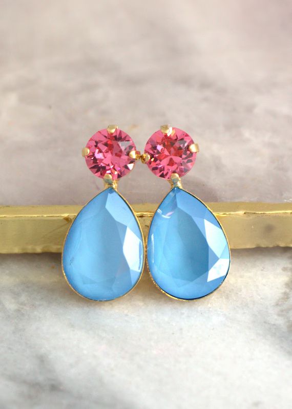 Blue Stud Earrings Blue Pink Crystal Earrings Bridesmaids | Etsy | Etsy (US)