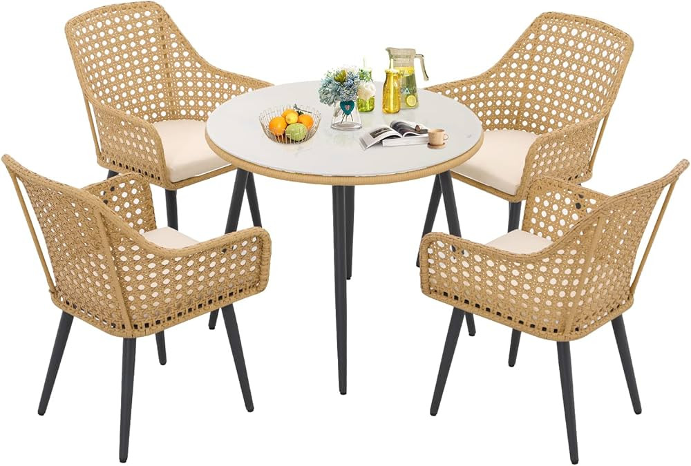 Verano Garden 5 Pieces Outdoor Dining Set, Patio Wicker Dining Chairs and Round Table Set for 4, ... | Amazon (US)