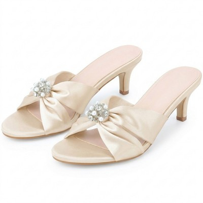 BLISSFUL STEP Rhinestone Pearl Kitten Heels Slip on Slide Sandals for Women 8 Champagne | Target