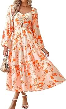 BTFBM Women Fall Dresses 2023 Casual Square Neck Puff Long Sleeve Smocked Cut Out Boho Floral Flo... | Amazon (US)