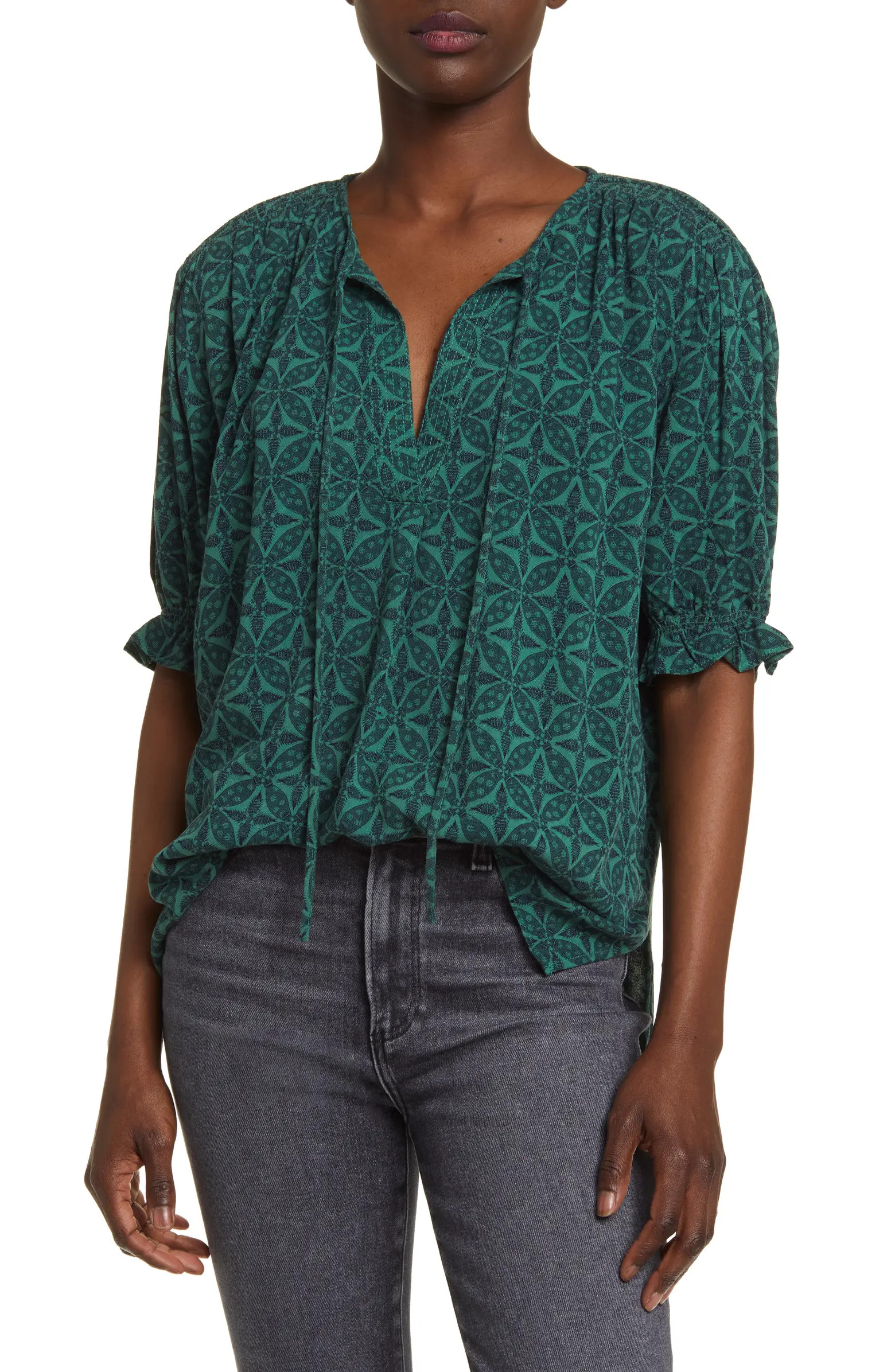 Smocked Shoulder Tie Neck Top | Nordstrom
