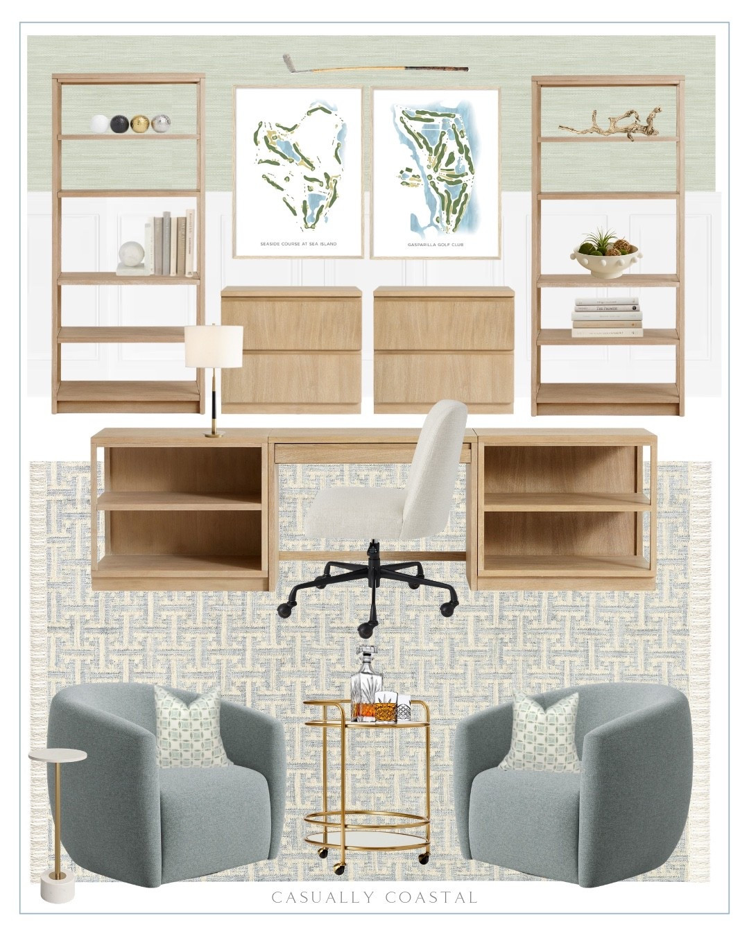 Golf Themed Men’s Home Office

Men’s office, coastal home, home office, office rug, office desk, office chair, executive desk, pottery barn desk, 2 drawer wide file cabinet, upholstered swivel desk chair, pottery barn bookcase, Etsy office wall art, seaside course art, green geometric linen pillow cover, swivel chair, vintage hickory shaft golf iron, bar cart, pottery barn rug, coastal rug, handwoven wool jute rug, Amazon wallpaper, green classic grass cloth peel and stick wallpaper, metal table lamp, office lamp, whiskey decanter, whiskey glasses, abstract figurines, landscape figurines, decorative marble orb bookends, round metal bowl, marble end table, wayfair end table, pale blue and ivory area rug, wayfair rug, golf and sip gift bundle, golf book, golf decor, golf courses book, golf putting mat, golf marble wine chiller

#LTKHome #LTKMens