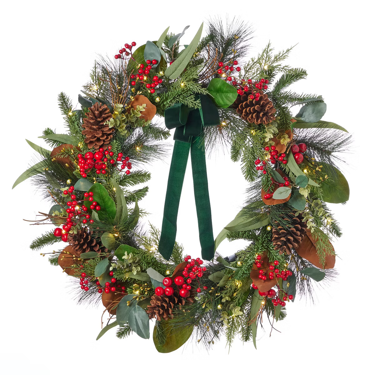Christmas Magnolia Leaf, Eucalyptus, and Berry 28in Wreath, Pre-Lit with 35 LED Fairy Lights B/O | Target