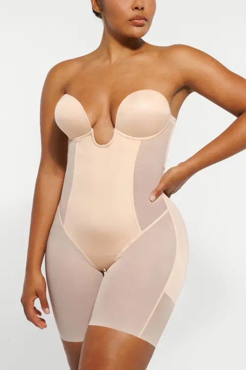 Shapellx Deep Plunge Butt Lifting Shaping Bodysuit in Pinkish Beige at Nordstrom, Size 6X | Nordstrom