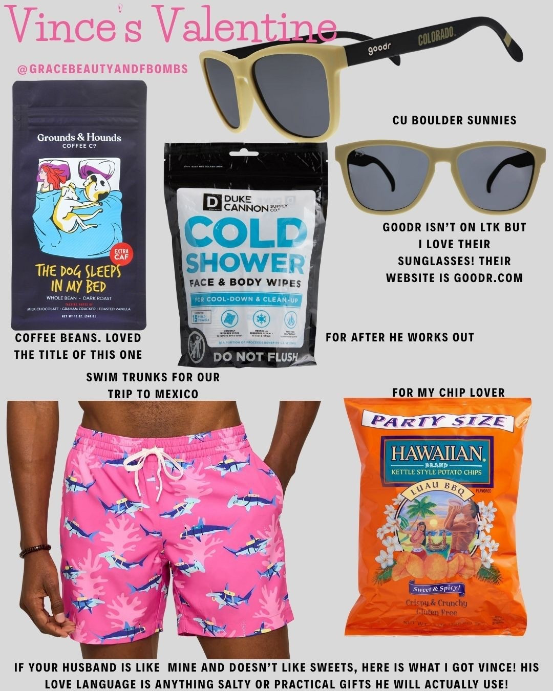 What I got for Vince for Valentine’s Day! 
He’s not your typical guy when it comes to gifts. He loves only items he will really get use out of. And he doesn’t like sweets but is a chip fiend. 😆
I got him these sunglasses and a blue pair from Goodr.com that can’t be linked since they aren’t on LTK

#mensgiftideas #mensvalentines #valentinesformen #valentinesforhim #valentinesday

#LTKSeasonal #LTKfitnessgoals #LTKMens