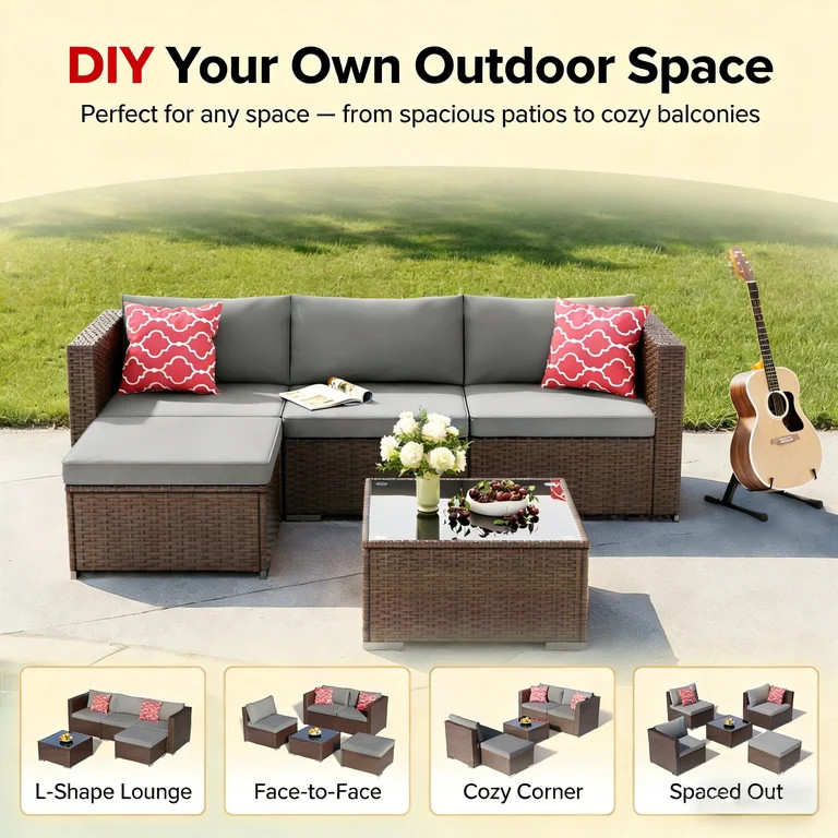 Patio Furniture Set, Lofka 5-Piece All Weather PE Wicker Outdoor Conversation Set with Removable ... | Walmart (US)
