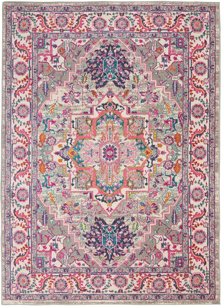 Nourison Passion Persian Boho Light Grey/Pink 5'3" x 7'3" Area Rug, (5' x 7'), 5 ft x 7 ft | Amazon (US)
