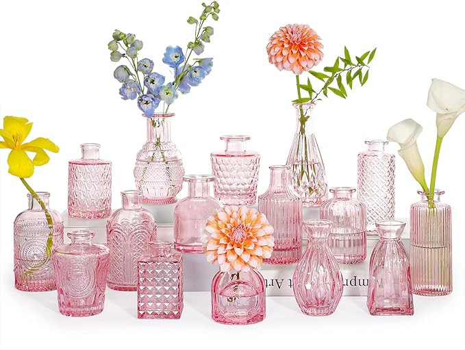 Glass Bud Vase Set of 16, Small Pink Flower Vases for Table Centerpieces in Bulk, Cute Mini Vinta... | Amazon (US)
