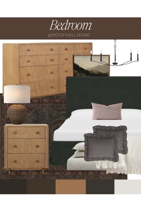 Moody feminine modern cottage bedroom mood board with ruffled bedding, chandelier, slipcovered bed, take dresser and nightstands, moody rug

#LTKhome #LTKstyletip