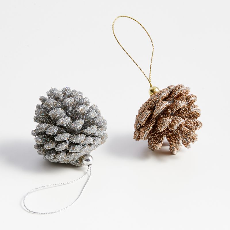 Gold and Silver-Beaded Pinecone Christmas Tree Ornaments | Crate and Barrel | Crate & Barrel