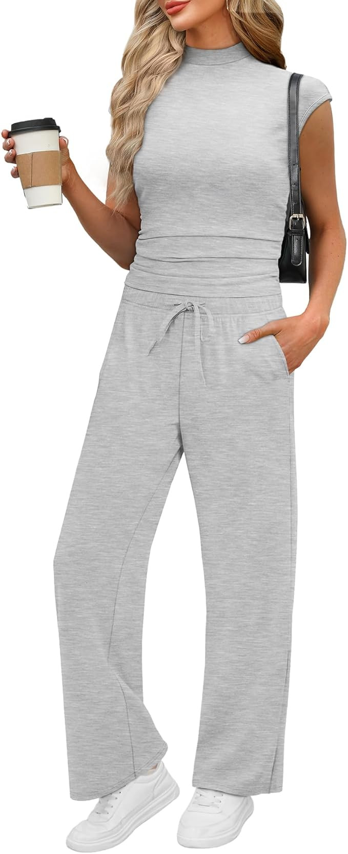 XIEERDUO Two Piece Lounge Sets for Women Mock Neck Cap Sleeve Tops Wide Leg Casual Pants Summer B... | Amazon (US)