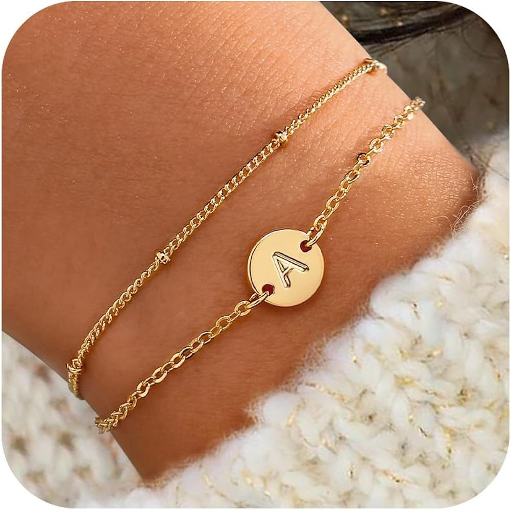 Gold Bracelets for Women Trendy - 18K Gold Plated Letter Initial Bracelet Dainty Disc Monogram Ch... | Amazon (US)
