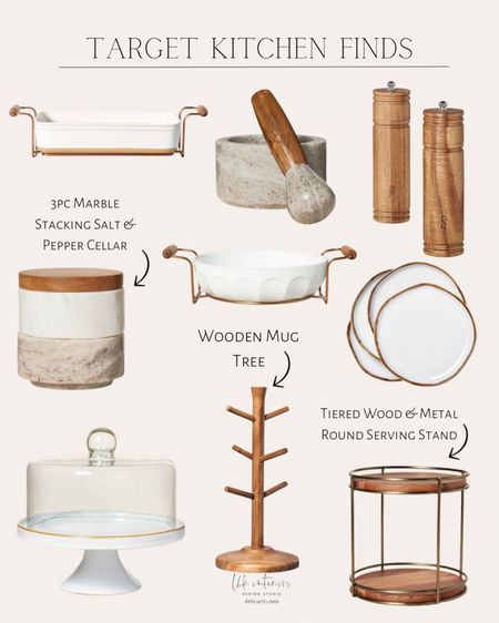 Target kitchen finds 
Stoneware baking dish / 3pc marble stacking salt & pepper cellar / cake stand / stoneware baking oval dish / 2pc marble & wood mortar & pestle set / salad plate set / tiered wood and brass serving stand / round baking dish /  wooden mug tree 

#LTKHome