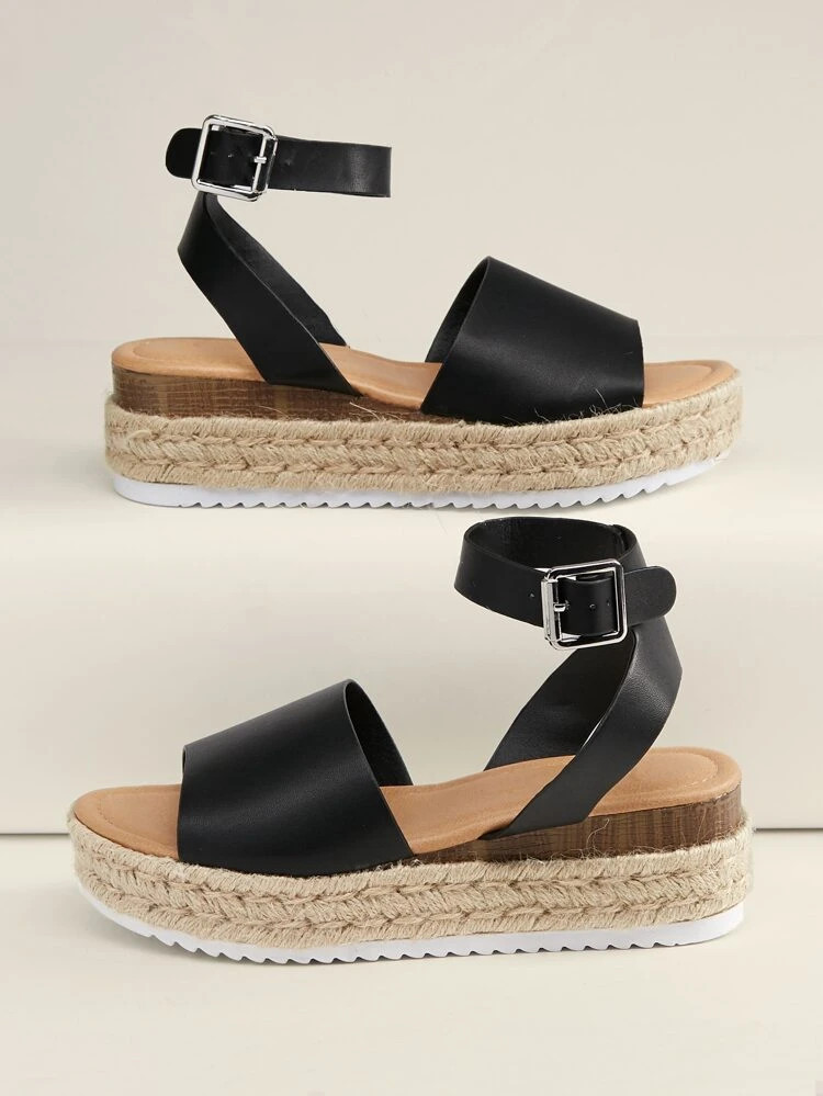 Open Toe Buckled Ankle Flatform Espadrille Sandals | SHEIN