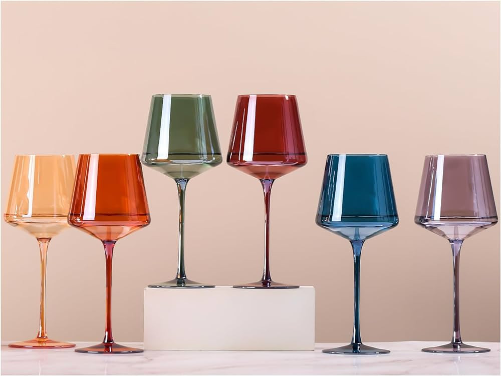 Colored Wine Glasses Set of 6 - ModernColorful Wine Glasses With Tall Long Stem and Flat Bottom,C... | Amazon (US)