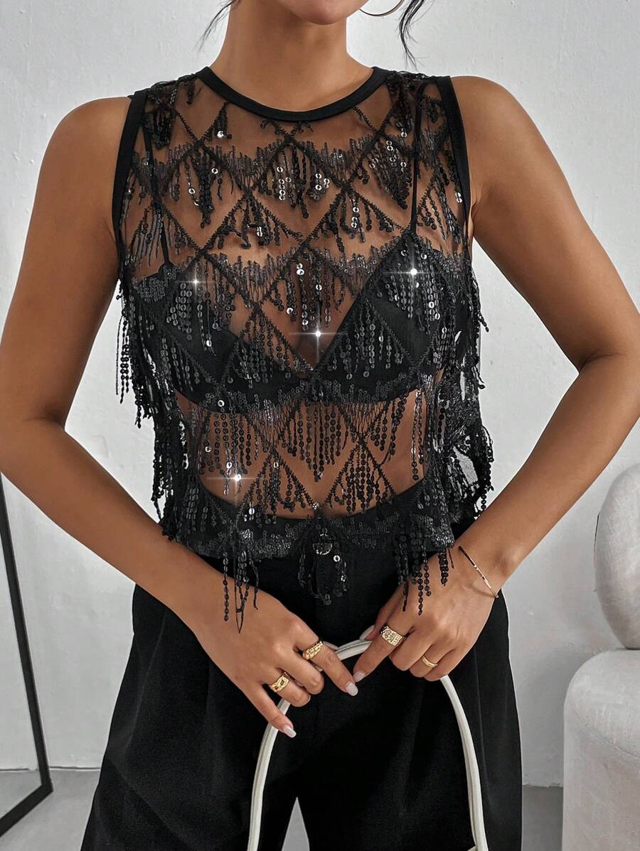 Siren Gaze Women Casual Holiday Music Festival Netting Perspective Beaded Crop Top Party Luxury S... | SHEIN