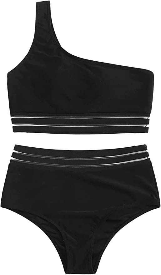 SweatyRocks Women's 2 Pieces Mesh One Shoulder Top with High Waist Bikini Set | Amazon (US)
