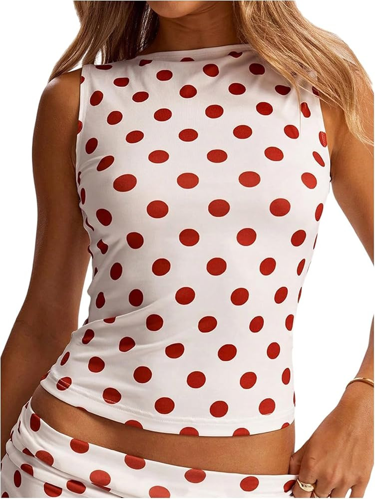 WDIRARA Women's Y2k Polka Dots Tank Top Boat Neck Sleeveless Going Out Fitted Shirts | Amazon (US)