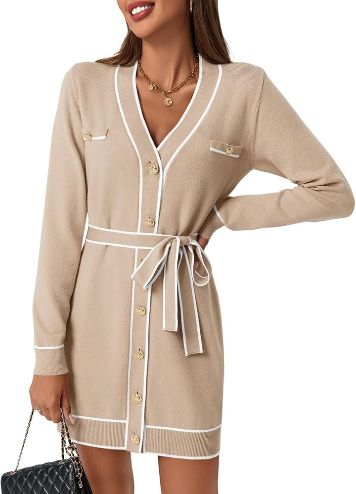 Saodimallsu Womens Long Sleeve Sweater Dress Button Down V Neck Casual Knit Preppy Mini Dresses C... | Amazon (US)
