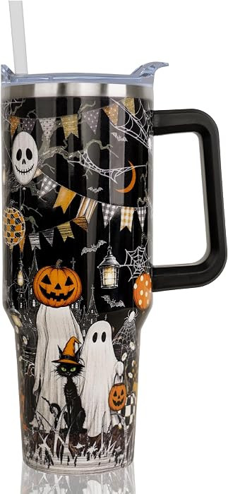 40 oz Halloween Tumbler with Handle and Straw, Reusable Stainless Steel Insulated Ghost Tumbler 4... | Amazon (US)