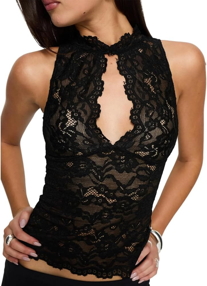 Sheer Lace Tank Top for Women Y2K Sleeveless Floral Embroidery Mesh See Through Slim Fit Camisole... | Amazon (US)