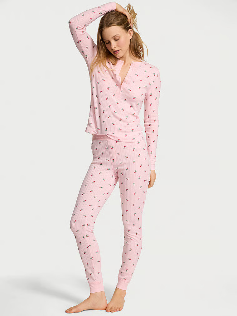 Buy Cozy Pointelle Henley Long Pajama Set, Angel Pink W Mistletoe Graphic - Order Pajamas Sets on... | Victoria's Secret (US / CA )