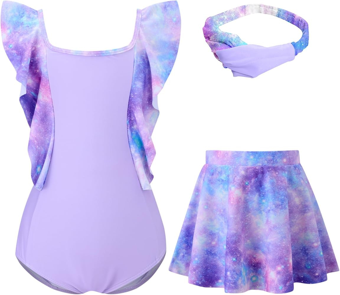 Girl Bathing Suit for 5-12 Years Kids UPF 50+ Quick Dry Ruffle Swimsuit with Skirt Hairband | Amazon (US)