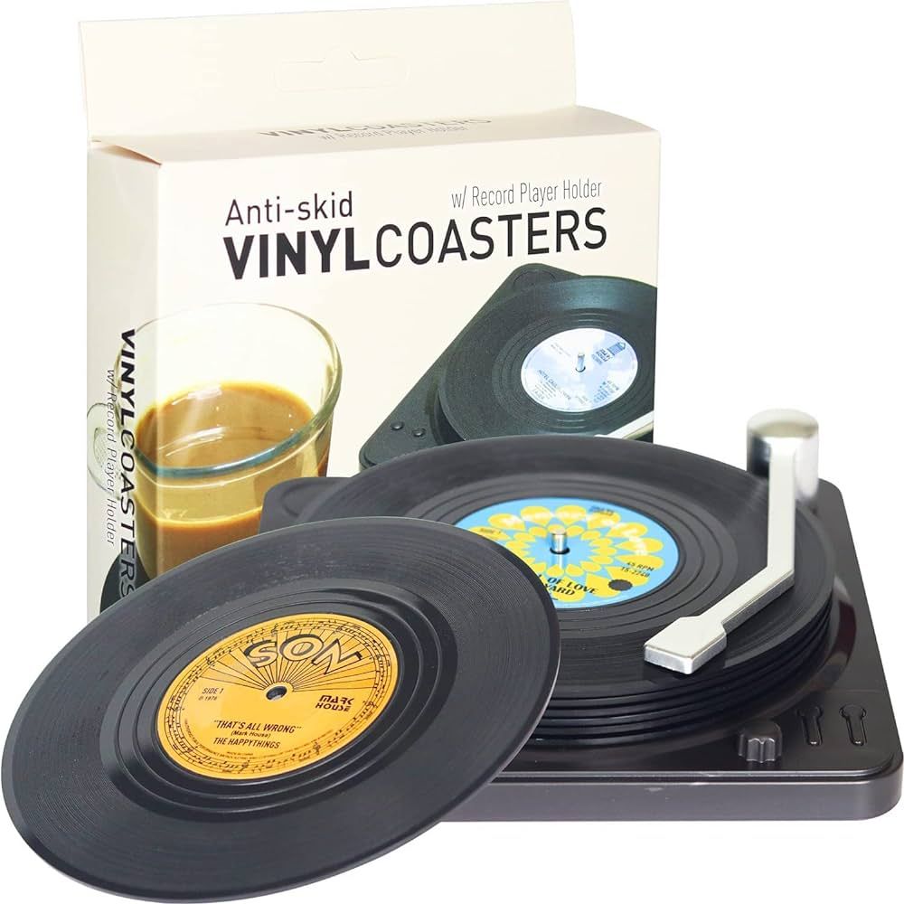 Funny Retro Record Coasters for Drinks with Vinyl Player Holder for Music Lovers,Set of 6 Convers... | Amazon (US)