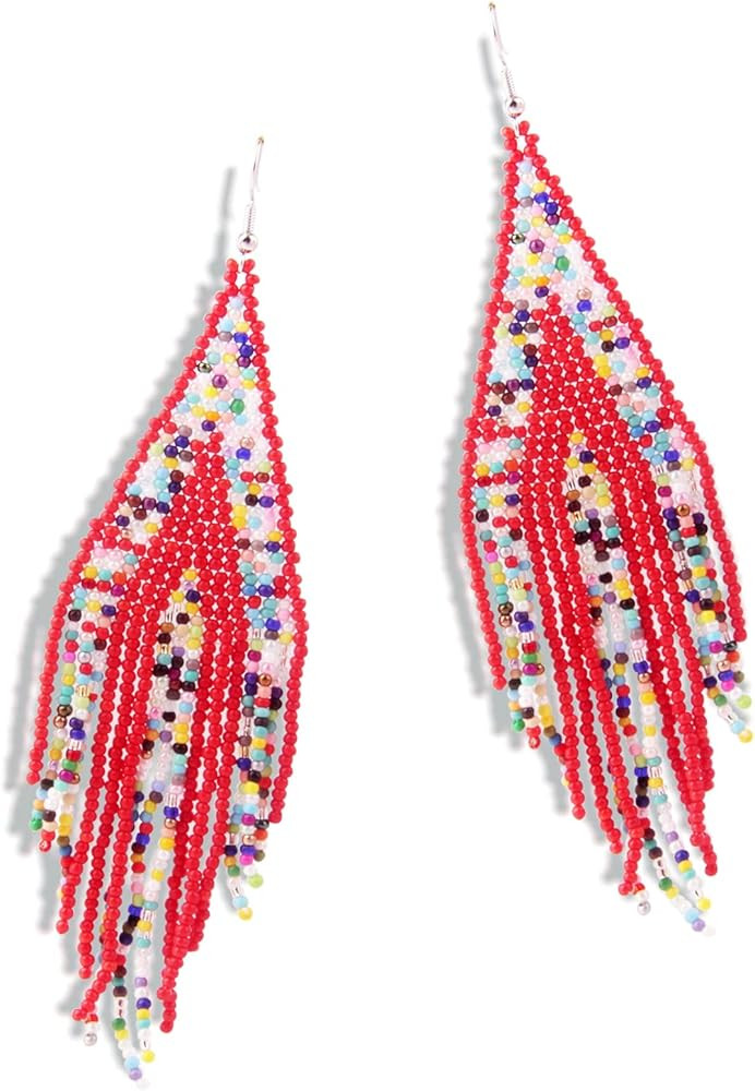 Long Beaded Tassel Earrings \u2013 Classic Rainbow Striped Beaded Dangle Fringe Earrings, Bohemia... | Amazon (US)