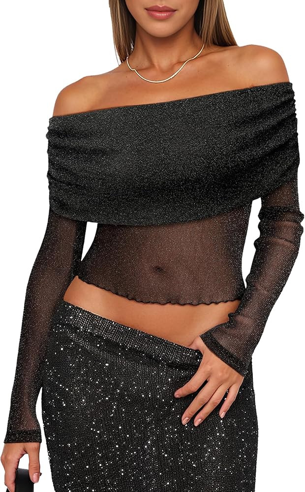 Women Sparkly Off The Shoulder Sheer Mesh Tops Glitter See Through Long Sleeve Foldover Top Party... | Amazon (US)