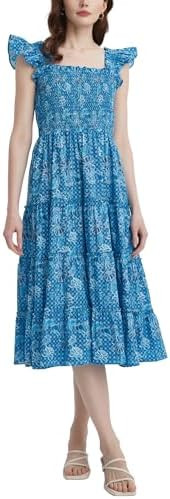 Women's Floral Smocked Midi Dress Square Neck Ruffle Strap Sleeveless Flowy A-Line Long Beach Sun... | Amazon (US)