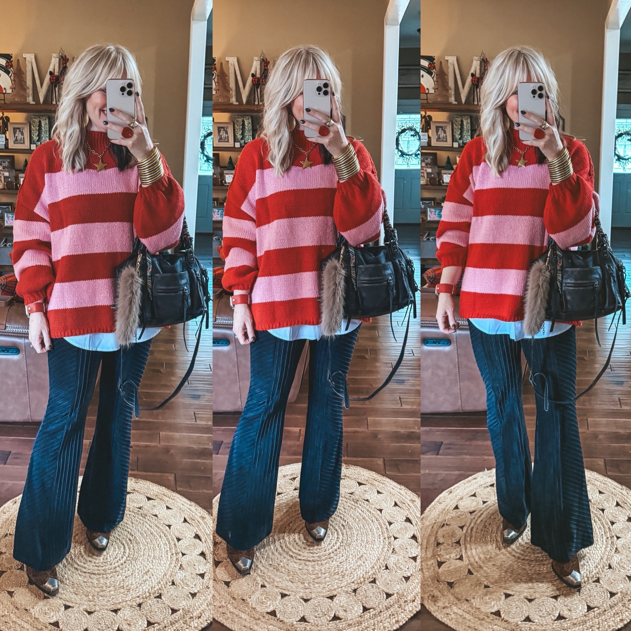 This pink/red sweater is SO CUTE!! I’m wearing a size medium and same in these velvet pants. I sized up to a large in the shirt extender  
♥️Watch band is @sparklbands save with code MANDIE
✨Necklace is @blueyedhorse 

#LTKootd #LTKHoliday #LTKSaleAlert