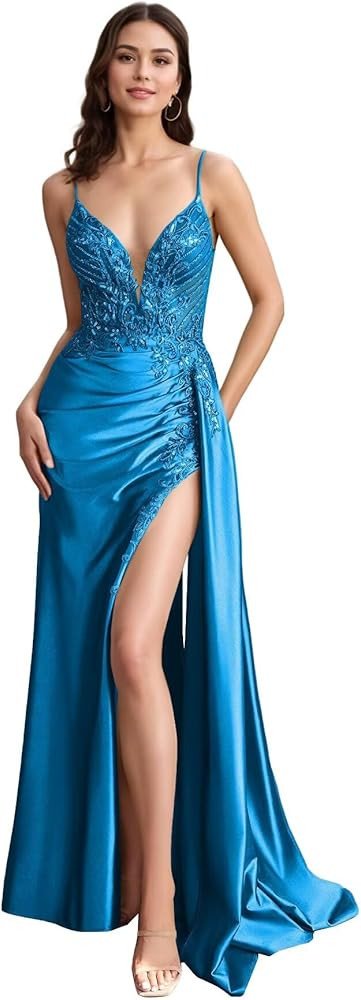 zcbang Satin Mermaid Prom Dresses for Women 2025 Lace Applique Split Formal Evening Gown | Amazon (US)