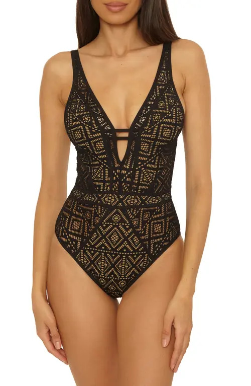 Becca Keyhole One-Piece Swimsuit in Black/Tan at Nordstrom, Size Large | Nordstrom