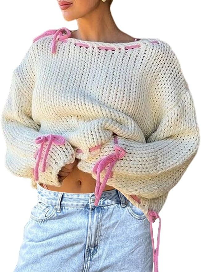 Yimoon Womens Y2k Pullover Sweater Cute Lace Up Bow Loose Fit Going Out Knit Sweater Tops | Amazon (US)