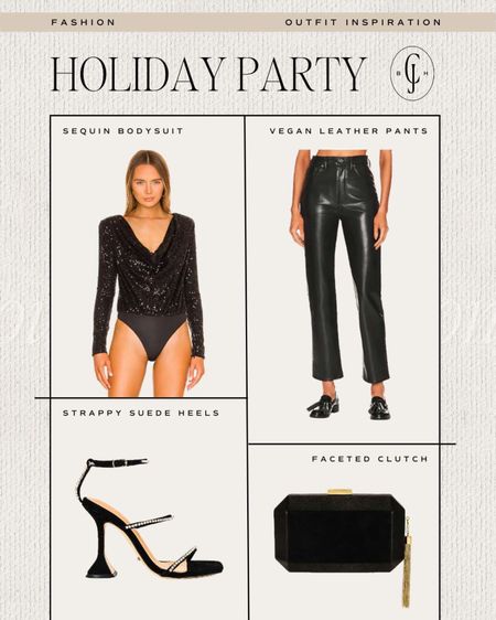 Cella Jane outfit inspiration for all your holiday parties and gatherings. Sequin bodysuit, vegan leather pants, strappy heels, sparkle clutch. Holiday style. Party style. 

#LTKstyletip #LTKHoliday #LTKSeasonal