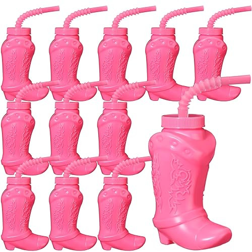 Hoolerry 12 Pcs Cowboy Boot Party Plastic Cups with Straws and Lids 10 Ounces Plastic Cowboy Cups for Western Themed Party Supplies and Rodeo Party Decorations (Pink) | Amazon (US)