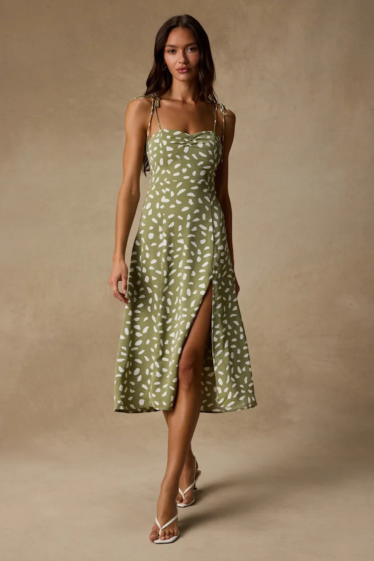 Party in Paris Sage Green Print Tie-Strap Midi Dress | Lulus
