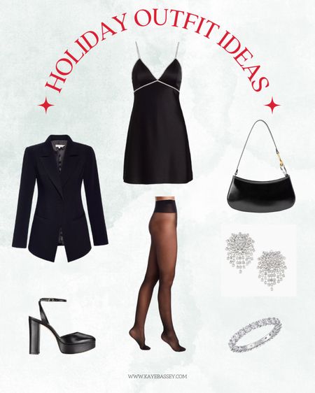 Holiday party outfit idea - black slip dress, black blazer, sheer tights, coach handbag, platform heels, silver jewelry 

#LTKHoliday #LTKstyletip #LTKCyberWeek