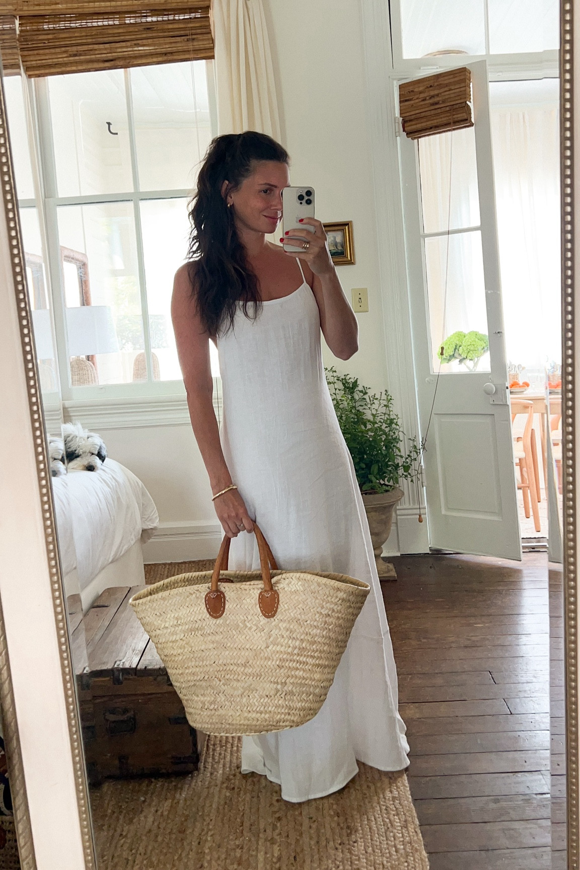 Summer beach outfit, linen maxi coverup with open back (wearing XS), French market tote, bucket hat

#LTKSeasonal