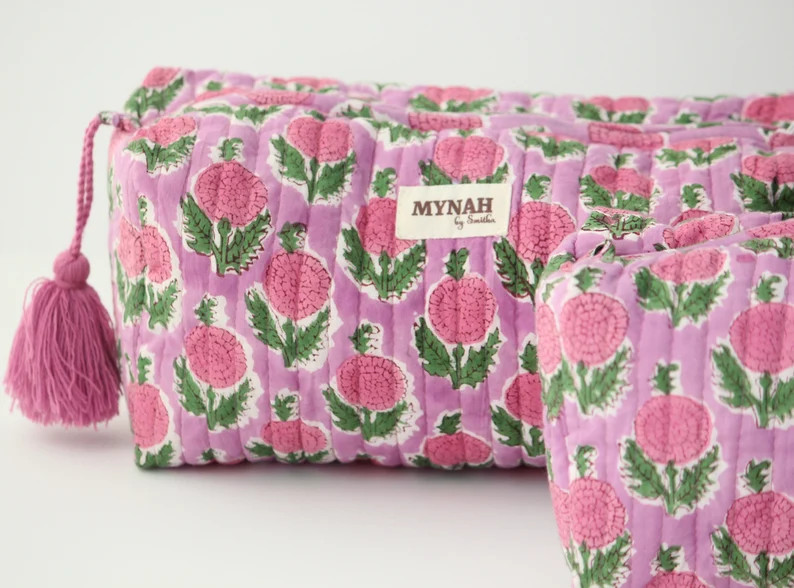 Large Make up Bag 'BERRY SMOOTHIE' Rose/ Pink Floral Print Quilted Hand Block Printed Travel Bag-... | Etsy (Global)